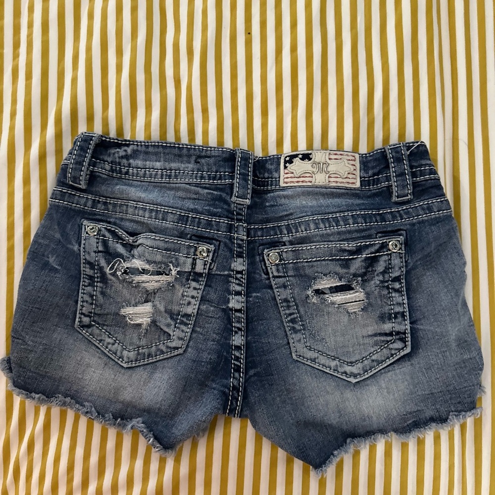 Miss Me  Mid-Rise Stretch “Patriotic” Distressed Blue Jean Shorts - Picture 5 of 11